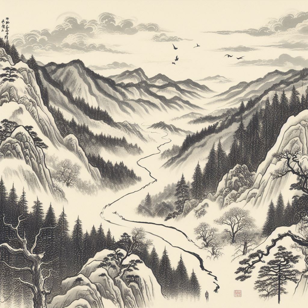 路出寒云外，人归暮雪时。